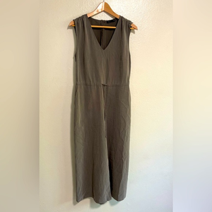 Noir Pinstripe Jumpsuit Ruched Sleeveless V-Neck Wide Leg‎ Drawstring Gray M